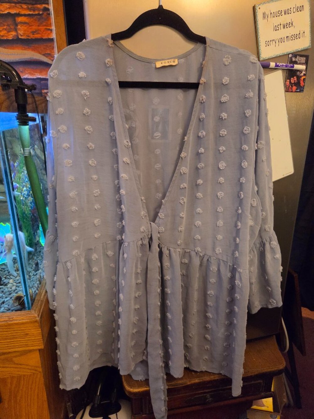2 Tops~KORI Plus 1XBaby Blue Swiss dot Blouse + Black Ruffled Smock Blouse XL !!